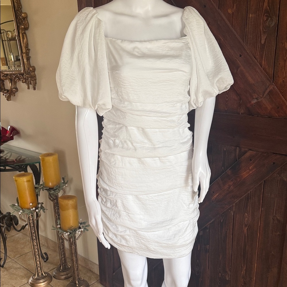 Crescent White Puff-Sleeve Ruched Mini Dress